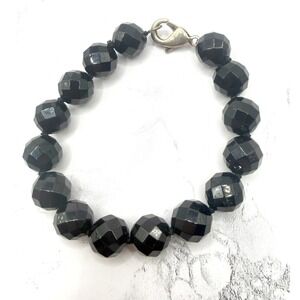 Faceted Black Glass Bead Bracelet 12mm Chunky Lobster Clasp 8" Gothic
